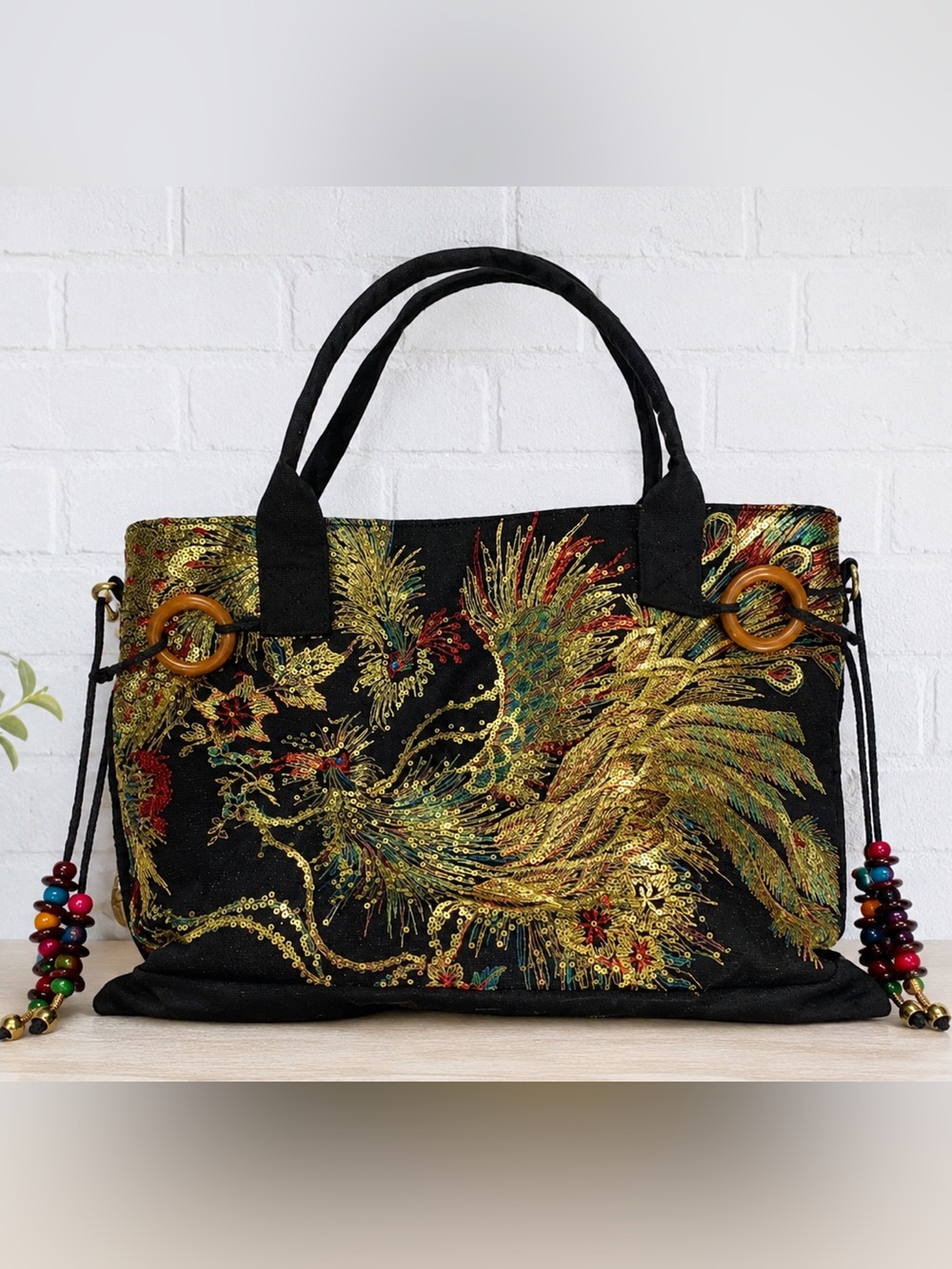 Embroidered Sequin Phoenix Bird Black Tote Bag Beaded Tassels Boho
